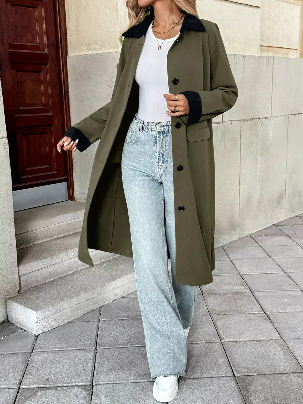 Contrast Collar Button Up Coat in olive green with black collar and cuffs, button-front with pockets.