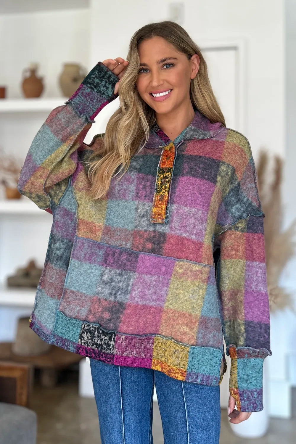 Double Take full-size plaid fleece hoodie with dropped shoulders in multicolor patchwork
