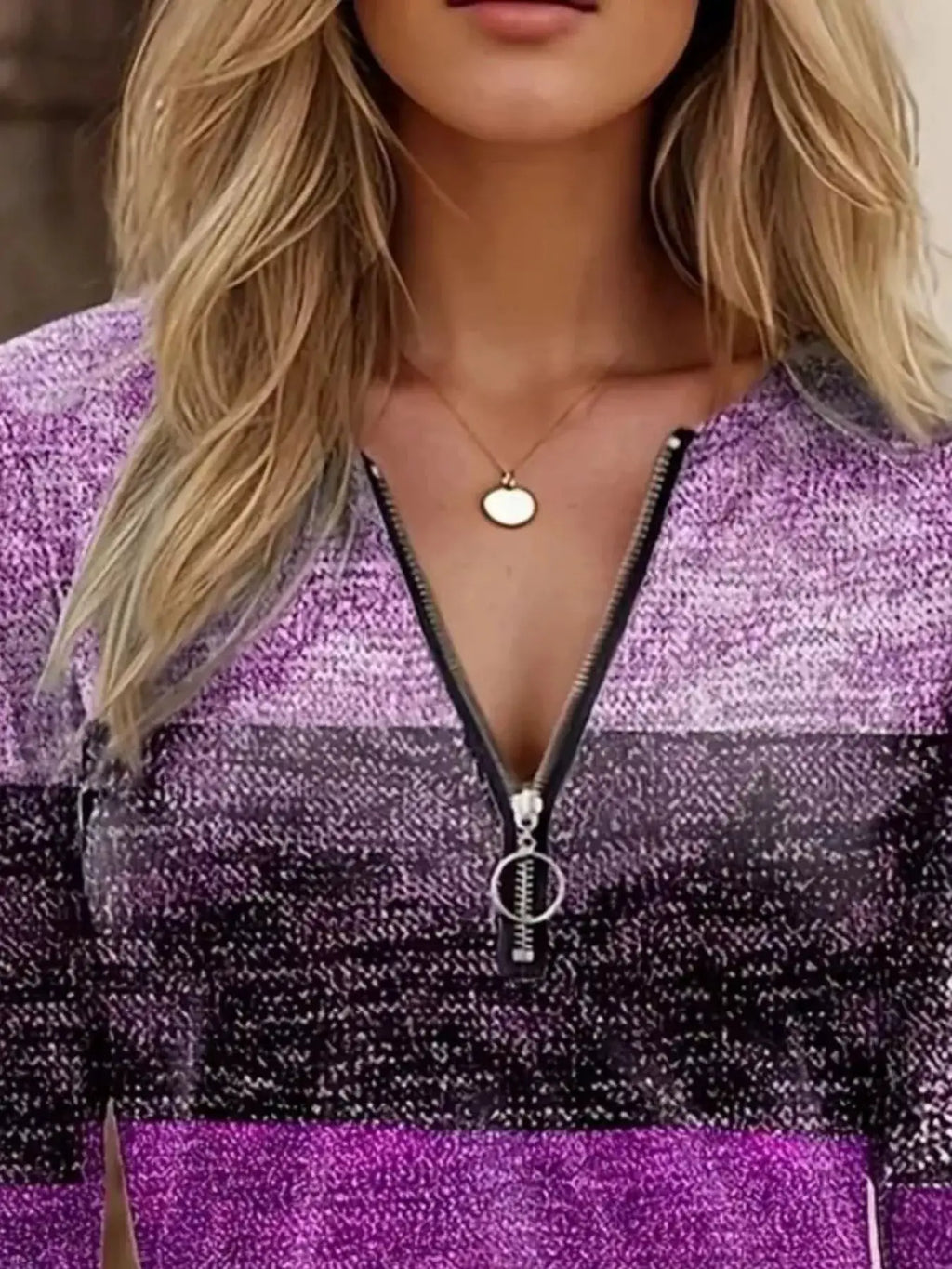 Quarter Zip Color Block Top, purple gradient knit with front zipper, Belle Bijouix
