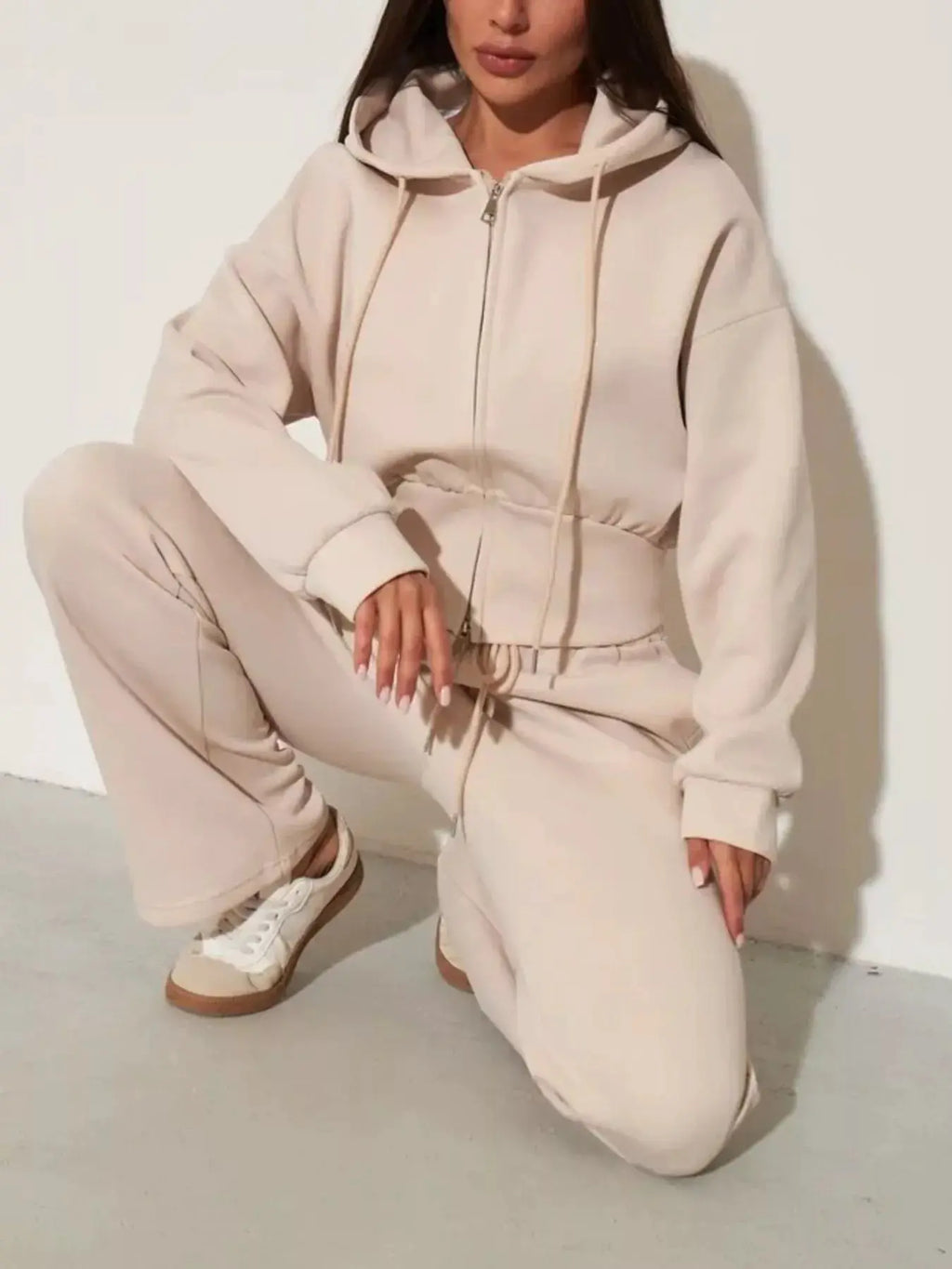 Zip-Up Hoodie & Wide-Leg Pants Set by Belle Bijouix in beige loungewear