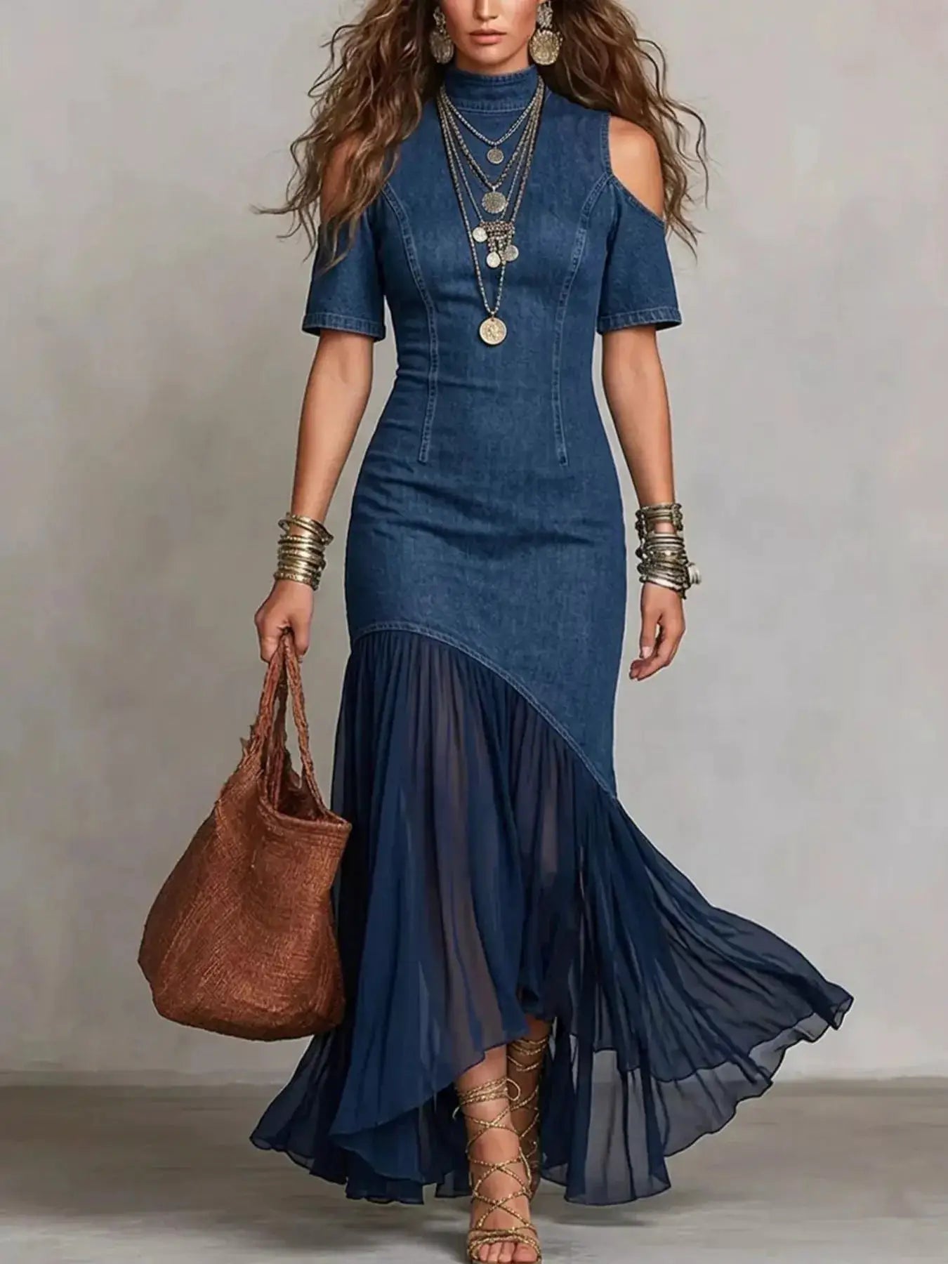 Dress: blue mock-neck cold-shoulder maxi with ruched bodice and sheer mesh ruffle hem