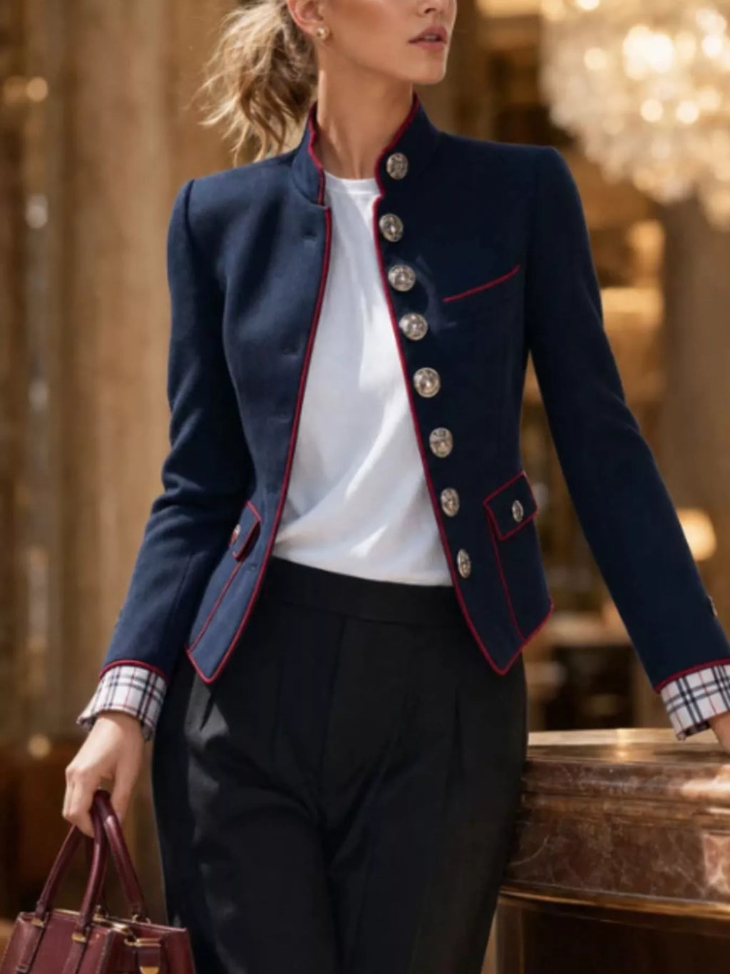 Military Stand Collar Jacket with Red Piping by Belle Bijouix – view 2 of 5