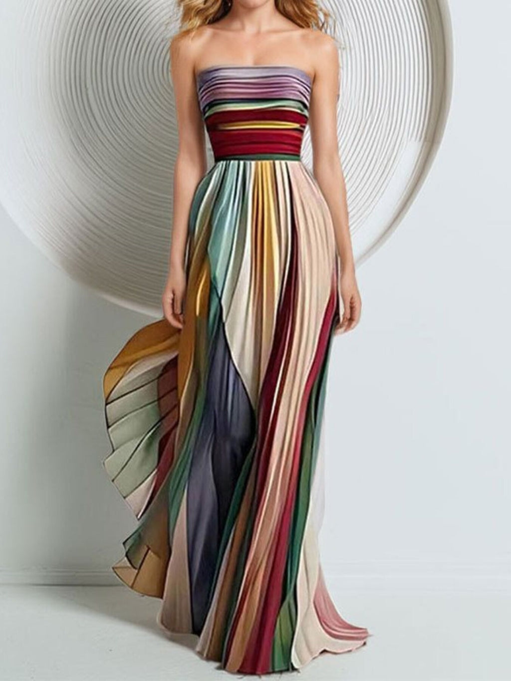 Striped pleated strapless maxi dress by Bellebijouix in multicolor stripes