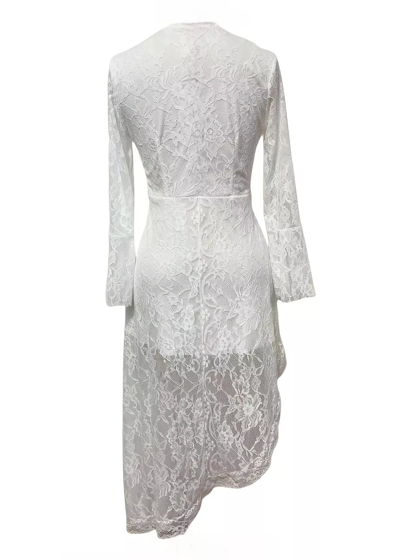 Asymmetrical Hem Lace Dress by Belle Bijouix in ivory lace, long sleeves.