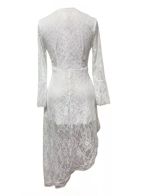 Asymmetrical Hem Lace Dress by Belle Bijouix in ivory lace, long sleeves.