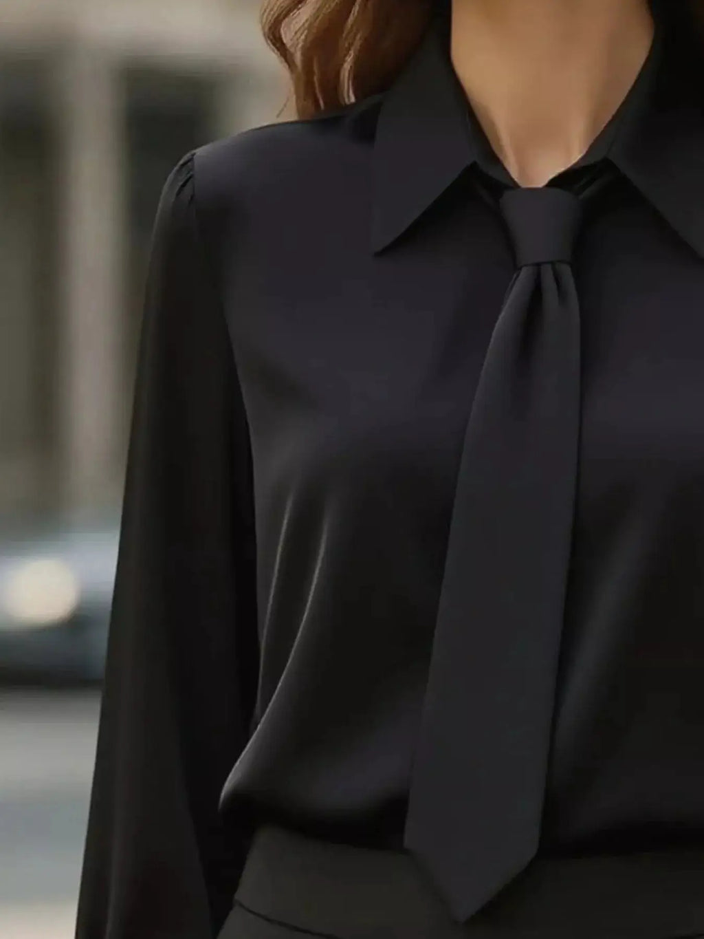 Collared Neck Long Sleeve Blouse by Belle Bijouix in black with neck-tie detail