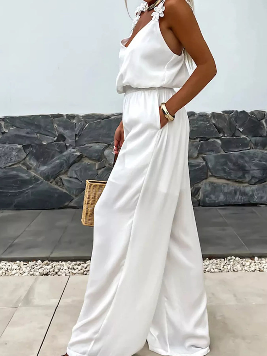 Floral Applique V-Neck Wide-Leg Jumpsuit, white, Trendsi