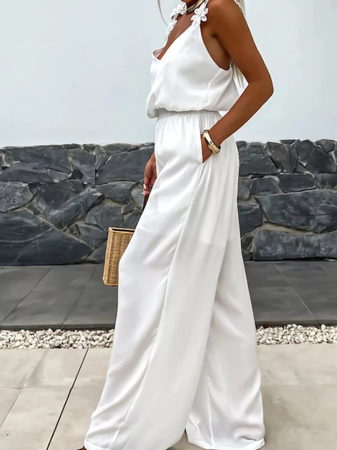 Floral Applique V-Neck Wide-Leg Jumpsuit, white, Trendsi