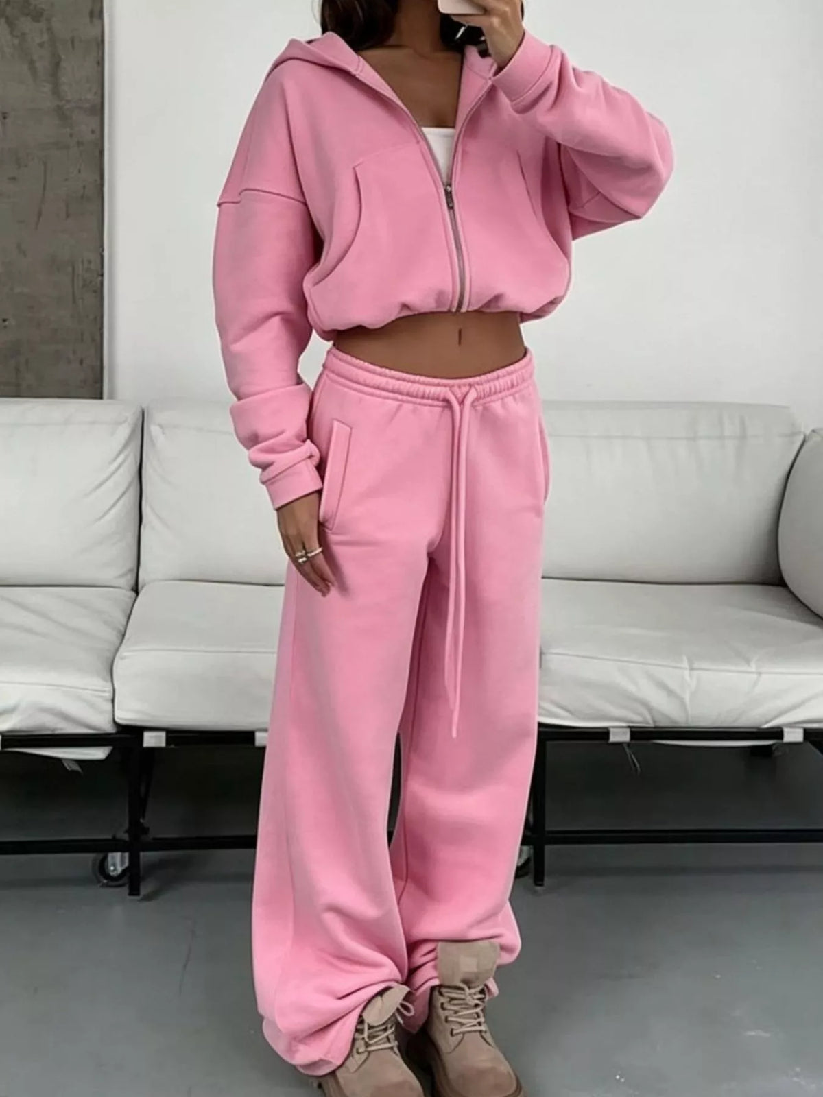 Zip-Up Hoodie & Wide-Leg Sweatpants Set by Belle Bijouix – view 13 of 29