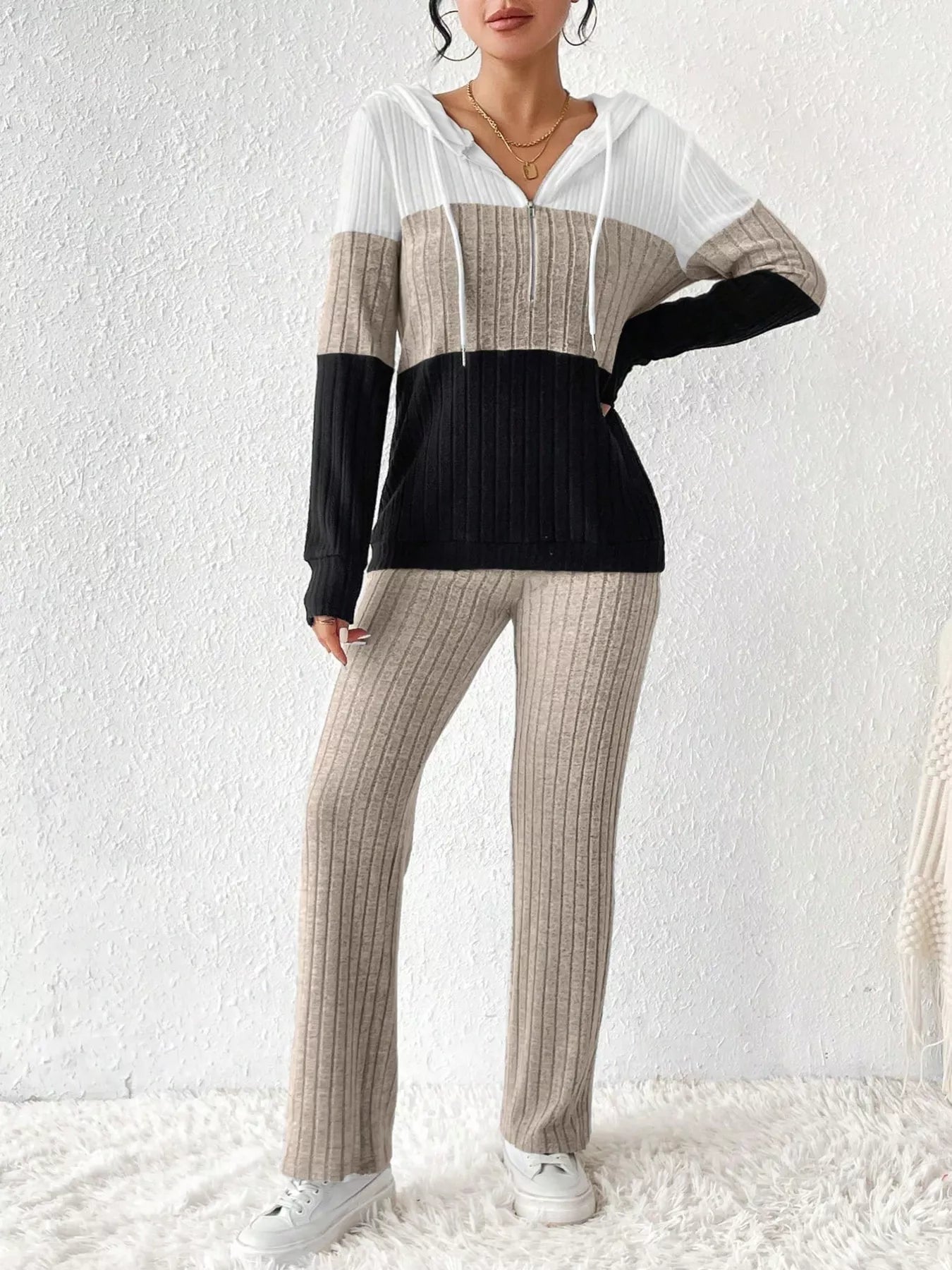 Belle Bijouix Color Block Half Zip Hooded Top and Pants Set, ribbed knit loungewear in white/beige/black.