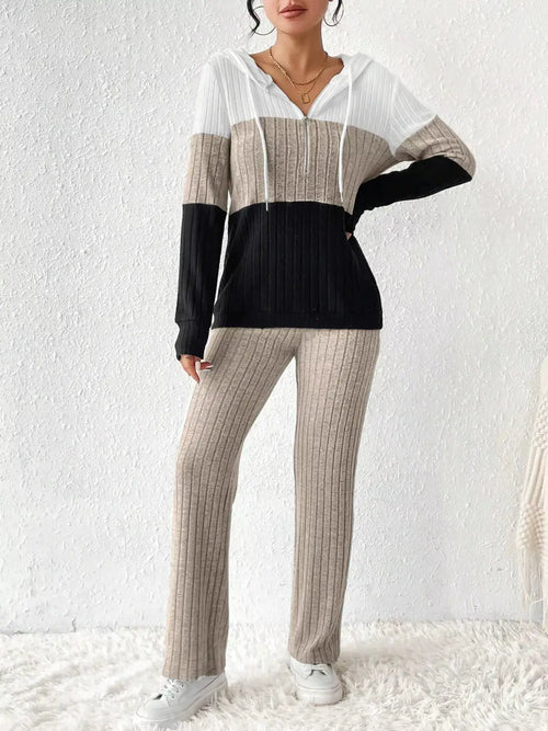 Belle Bijouix Color Block Half Zip Hooded Top and Pants Set, ribbed knit loungewear in white/beige/black.