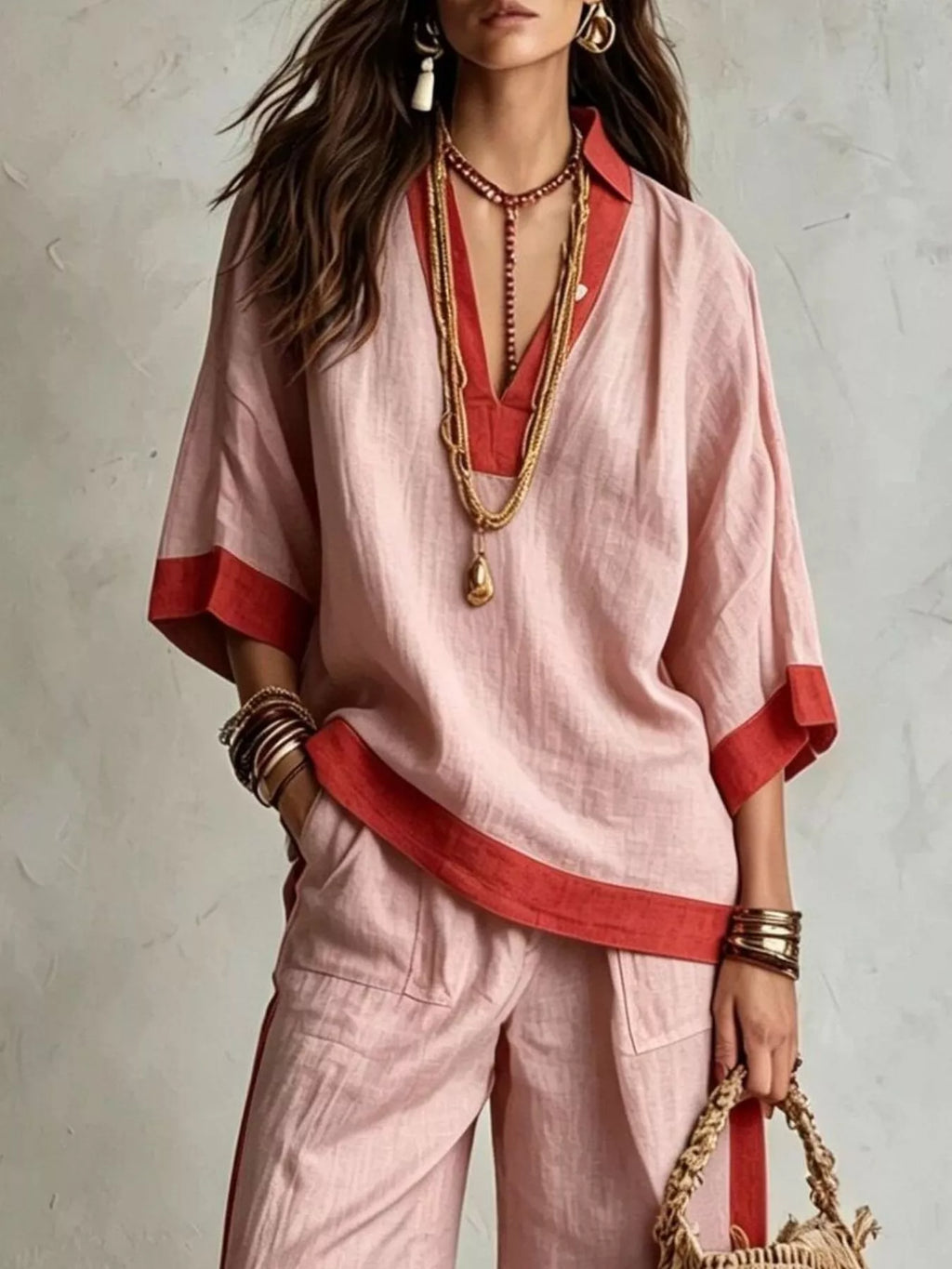 Contrast-Trim Top and Wide-Leg Pants Set