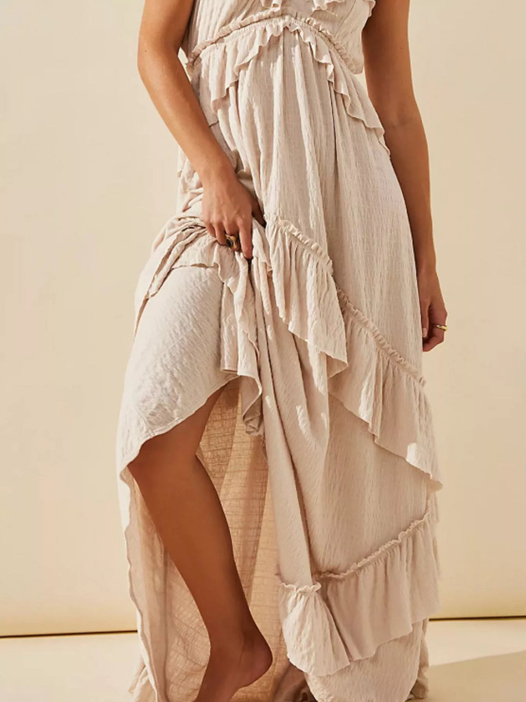 Ruffled Halter Neck Maxi Dress by Belle Bijouix, cream-beige with layered ruffles