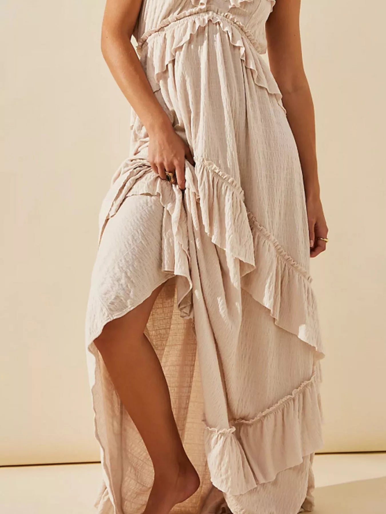 Ruffled Halter Neck Maxi Dress by Belle Bijouix, cream-beige with layered ruffles