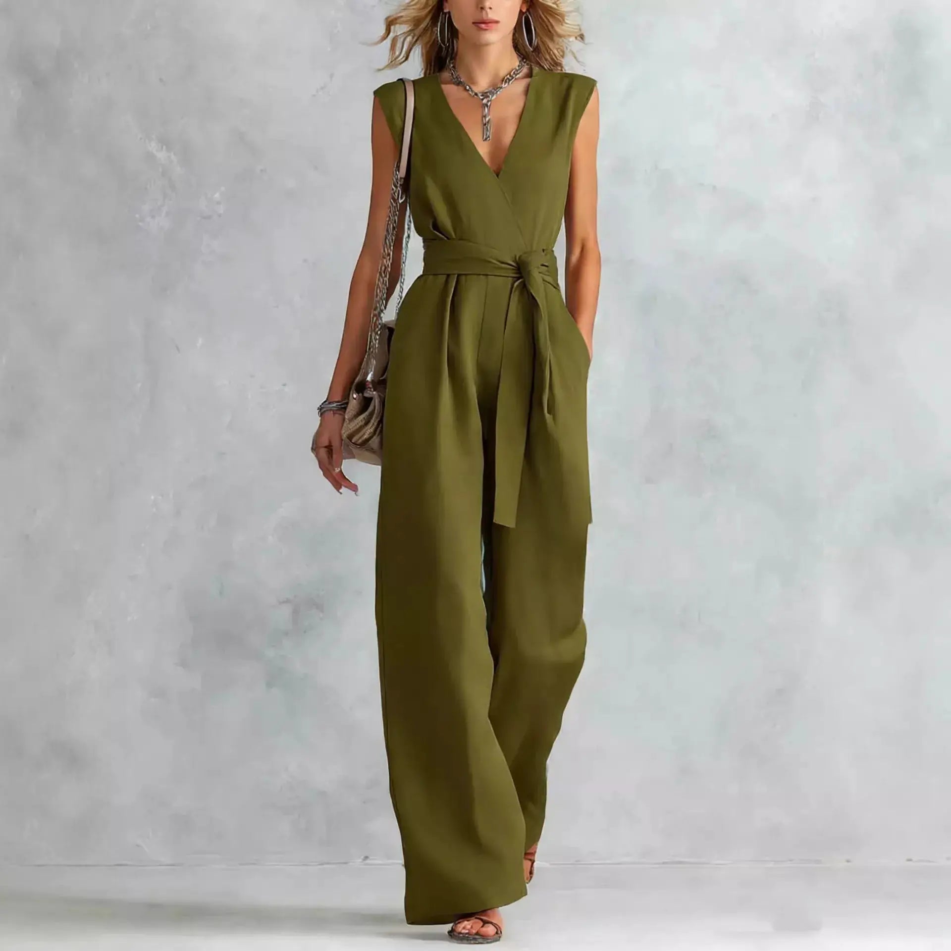 Sleeveless Wide Leg Jumpsuit in olive green with waist-tie belt.