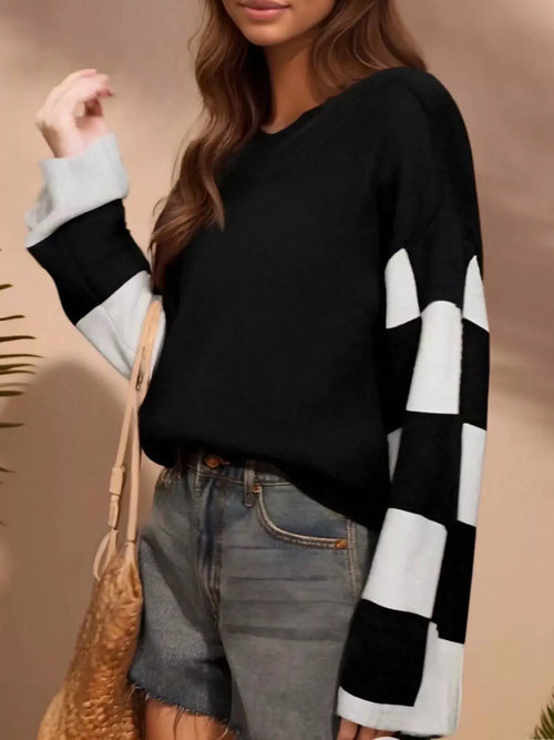 Color Block Long Sleeve Sweater by Belle Bijouix, black with white blocks on the sleeves