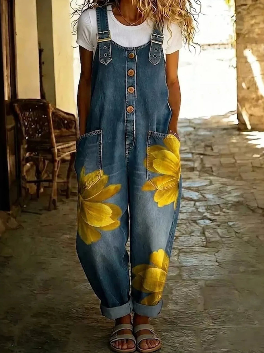 Floral Print Button Front Overalls in Large Yellow Flower by Belle Bijouix – view 9 of 9