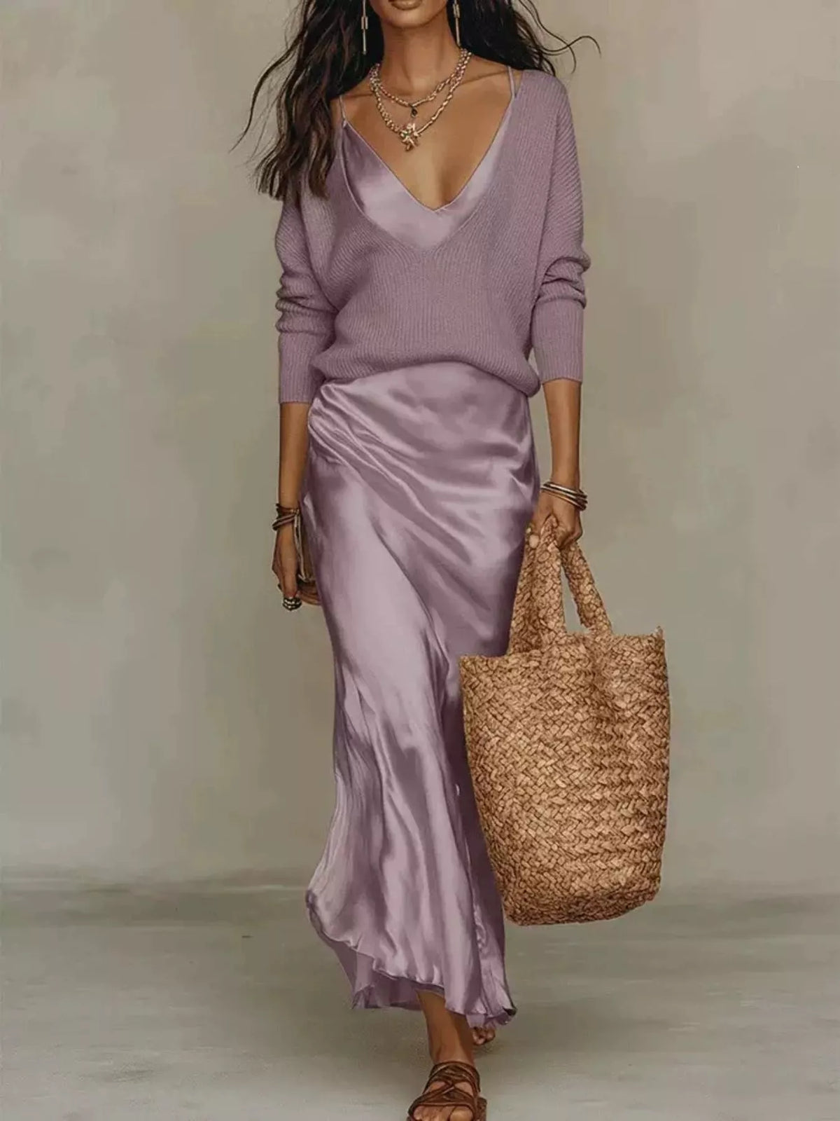 V-Neck Sweater & Satin Slip Maxi Dress Set in Purple by Belle Bijouix – view 29 of 41