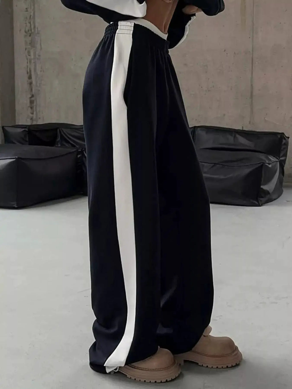 Two-Piece Zip Up Long Sleeve Outerwear And Pants Set: black pants with white side stripe and elastic waistband