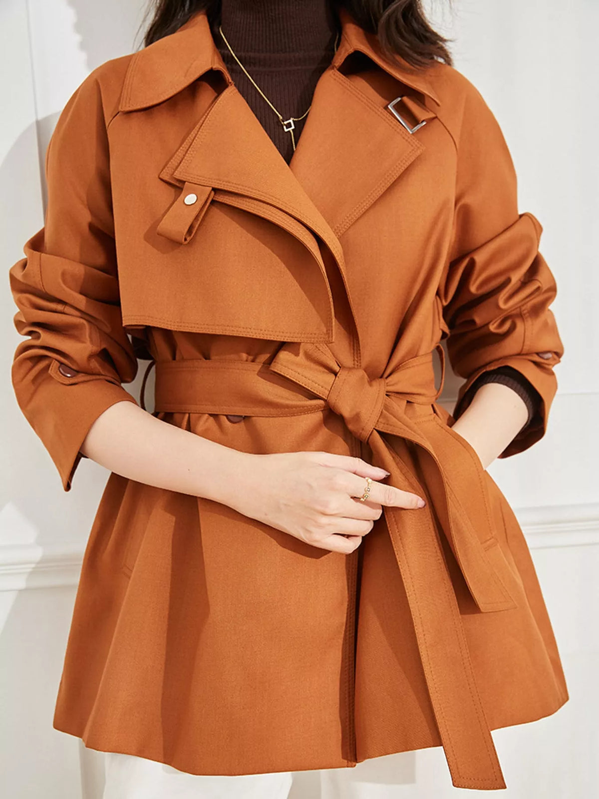 Double-Breasted Tie-Waist Short Trench Coat in Caramel by Belle Bijouix – view 4 of 20