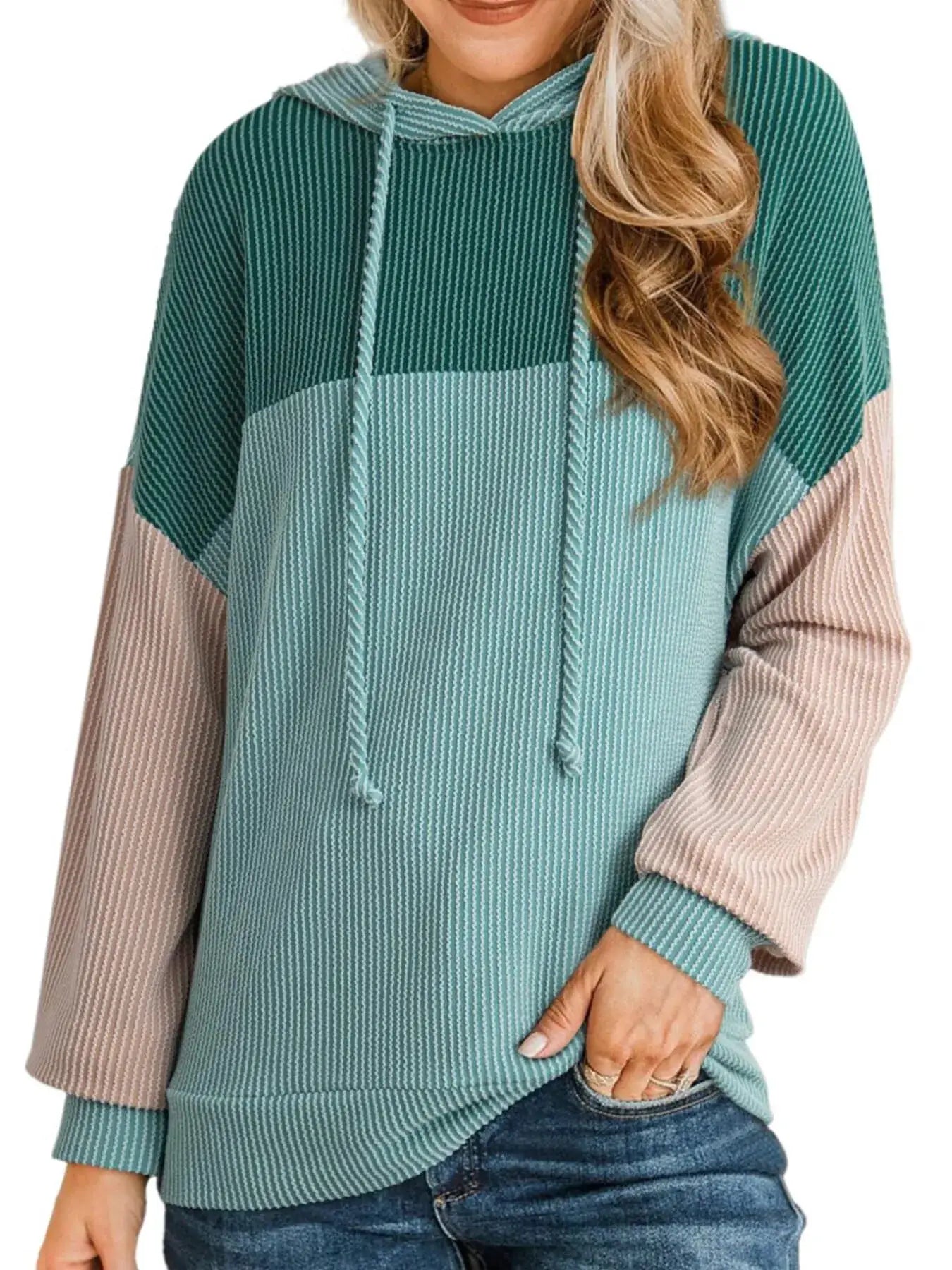 Drawstring color-block long-sleeve hoodie top in teal, mint, and blush tones