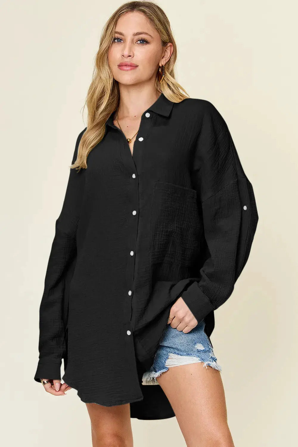 Double Take Full Size Pocketed Texture Button Up Shirt in black, oversized fit