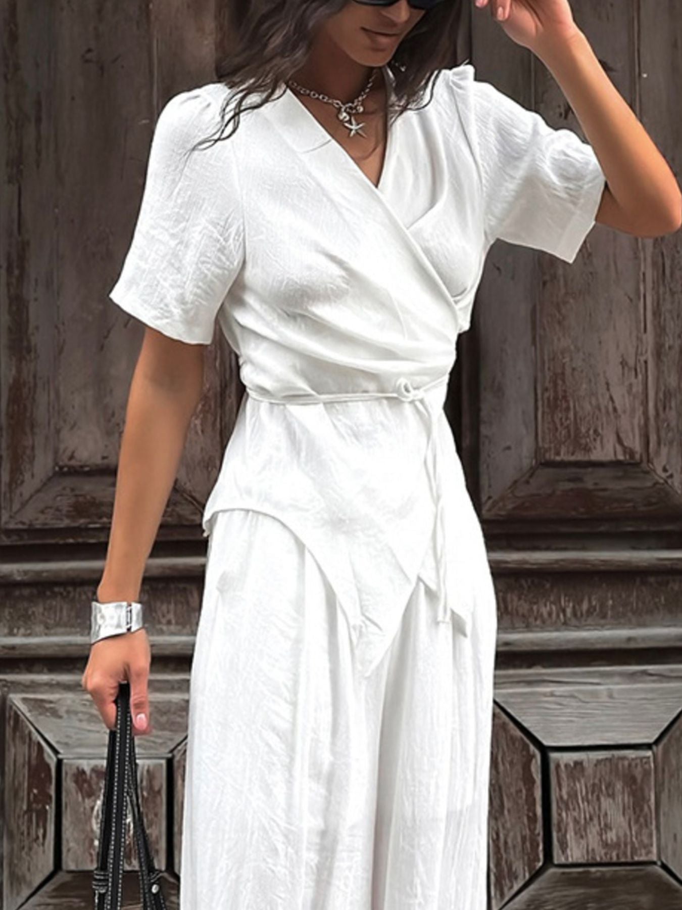 Wrap Top & Wide Leg Pants Set in white by Belle Bijouix, tied wrap top with wide-leg pants.