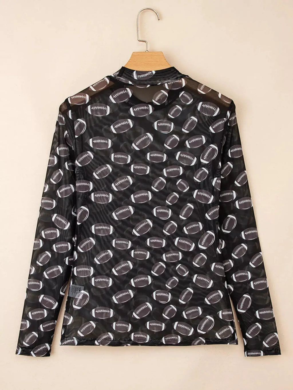 Game Day Mesh Sheer Long Sleeve Top, black mesh fabric with white football print