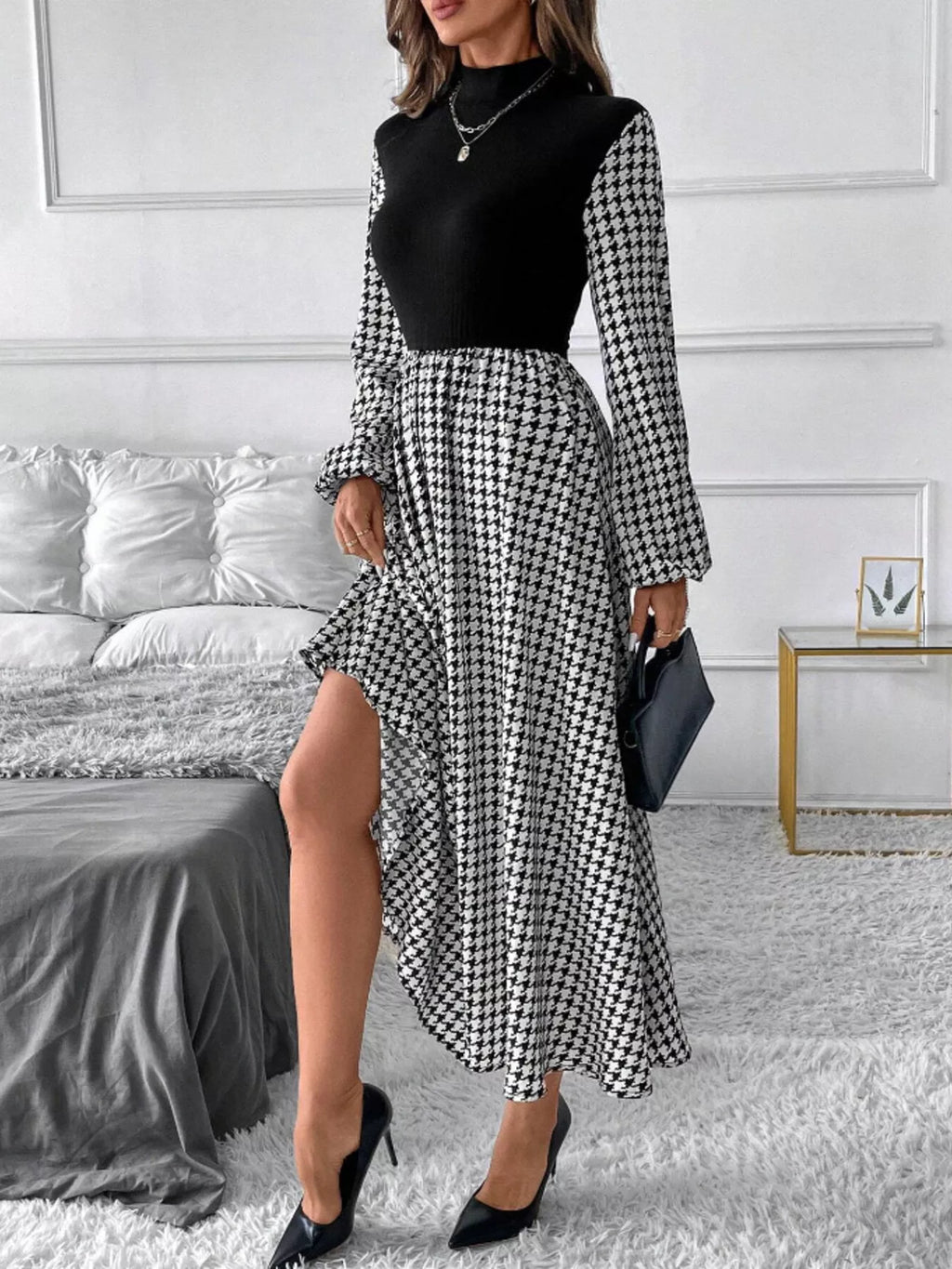 Belle Bijouix Houndstooth Mock Neck A-Line Dress, black bodice with black-and-white houndstooth sleeves and skirt