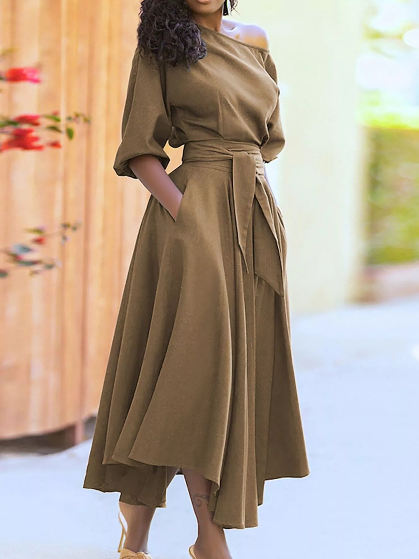 Boat Neck Tie Waist Dress by Trendsi in olive-brown with belted waist and puff sleeves.