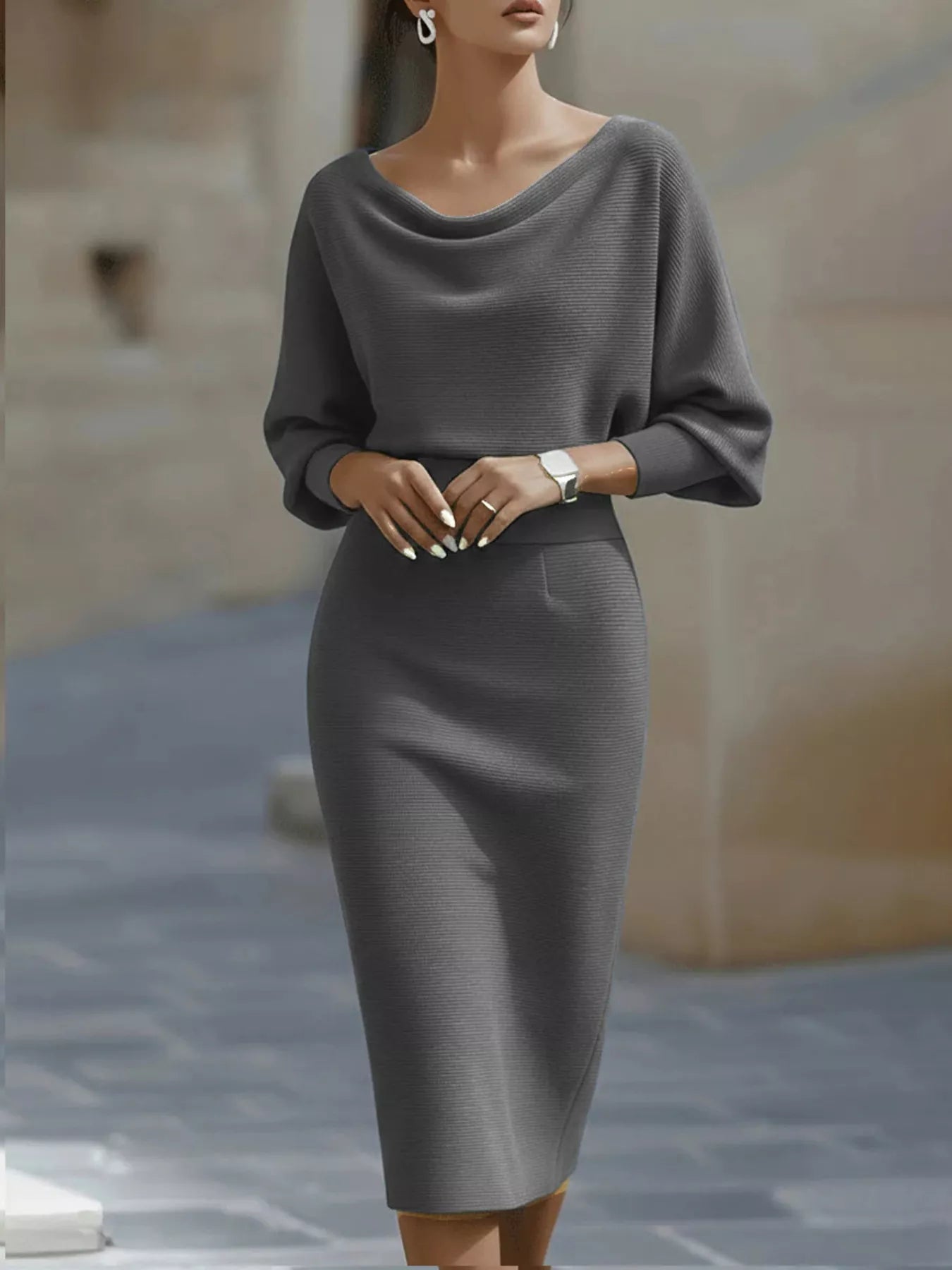 Cowl neck knit bodycon dress by Belle Bijouix in charcoal gray with long sleeves