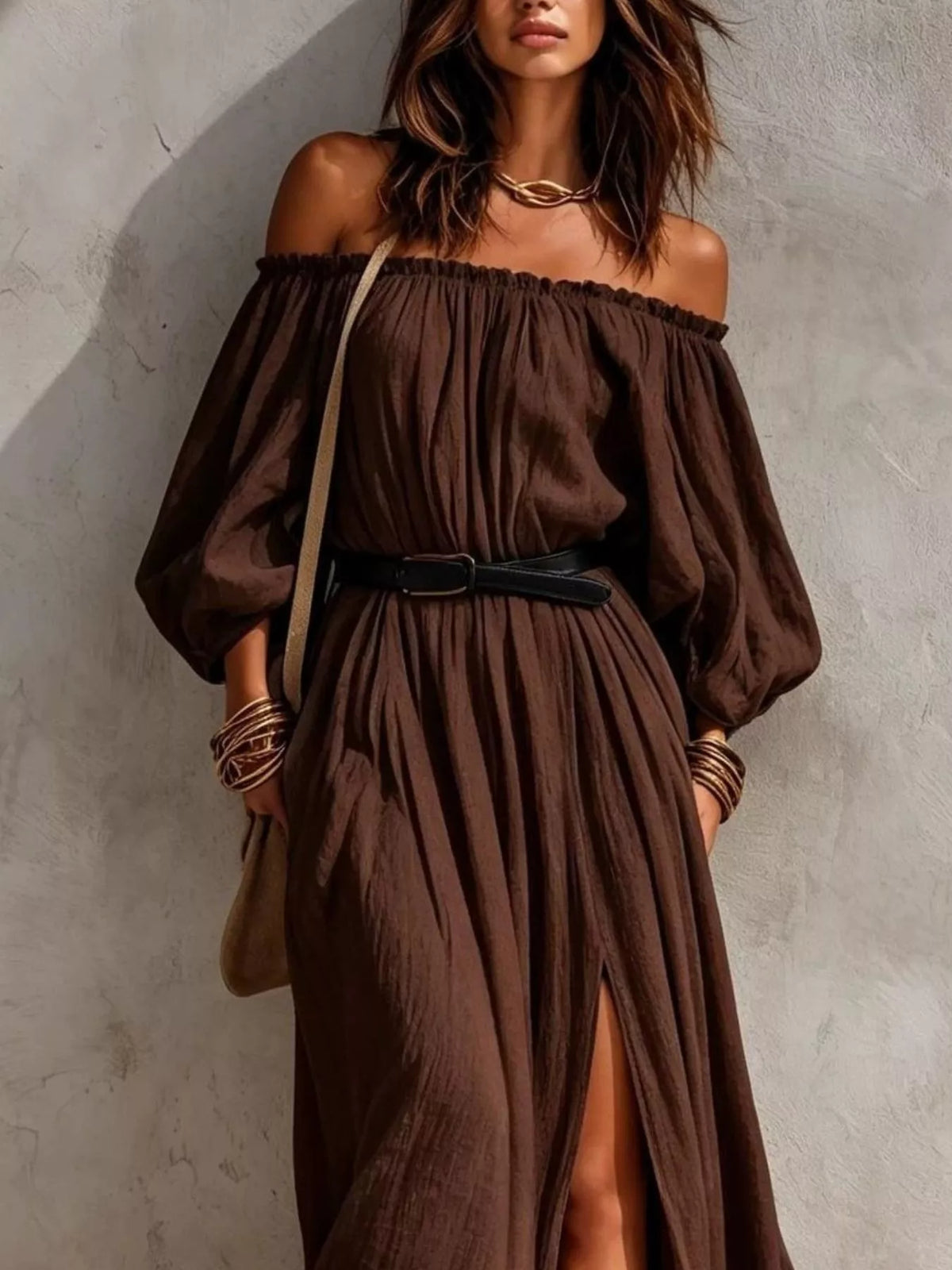 Boho Off-Shoulder Maxi Dress with Side Slit by Belle Bijouix – view 5 of 9