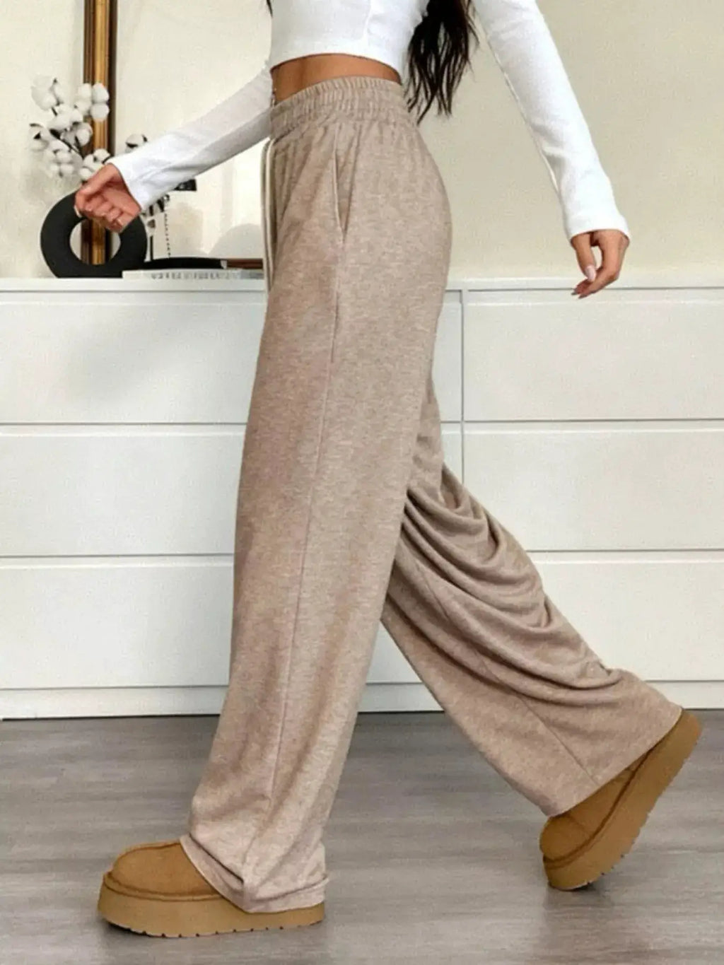 Full Size Drawstring High-Waist Wide-Leg Pants Plus Size in beige with pockets