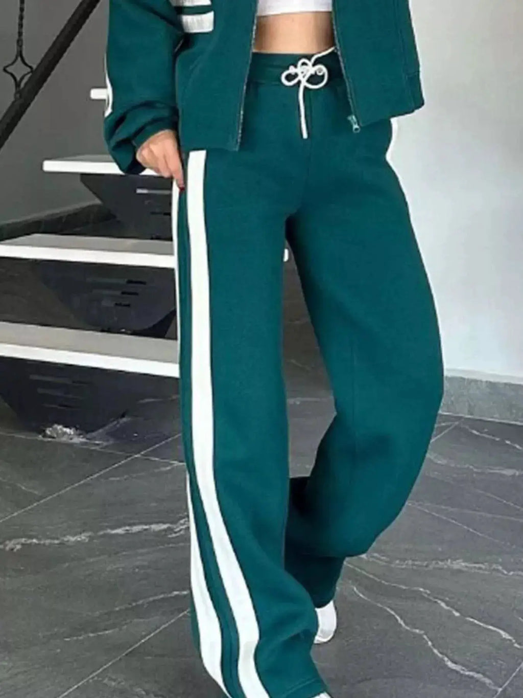 Belle Bijouix two-piece teal striped zip-up jacket and pants set, activewear, plus size