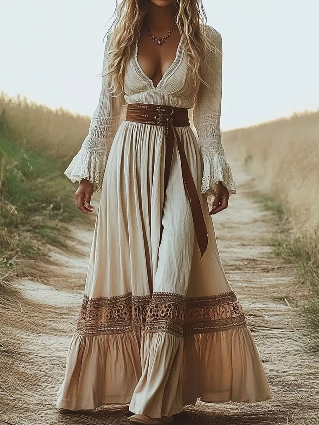 Full Size Deep-V Neck Long Sleeve Maxi Dress by Trendsi, ivory cream with brown belt and lace trim at cuffs and hem.