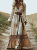 Full Size Deep-V Neck Long Sleeve Maxi Dress by Trendsi, ivory cream with brown belt and lace trim at cuffs and hem.