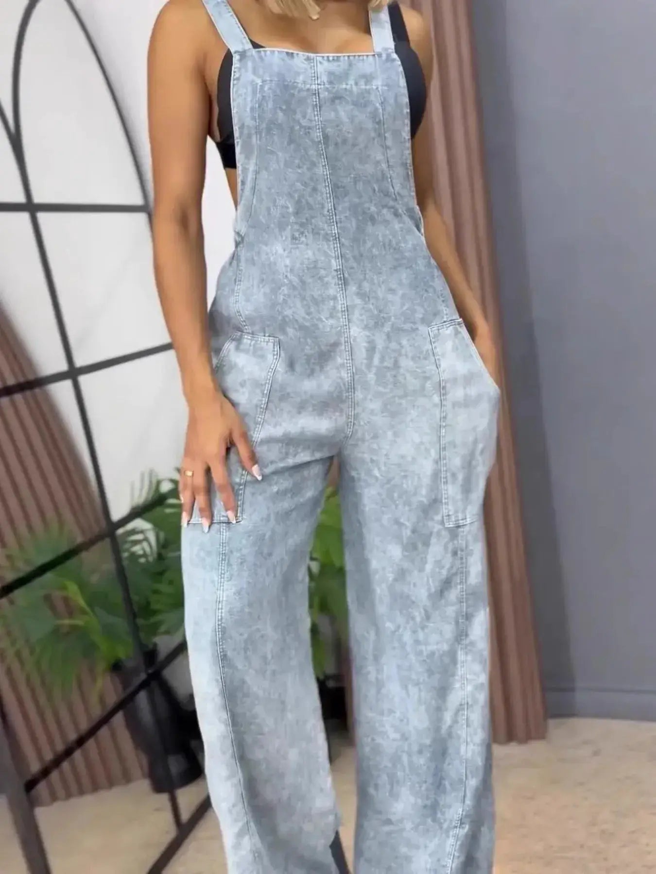 Full Size Wide Leg Washed Denim Overalls in light blue with front pockets and adjustable shoulder straps