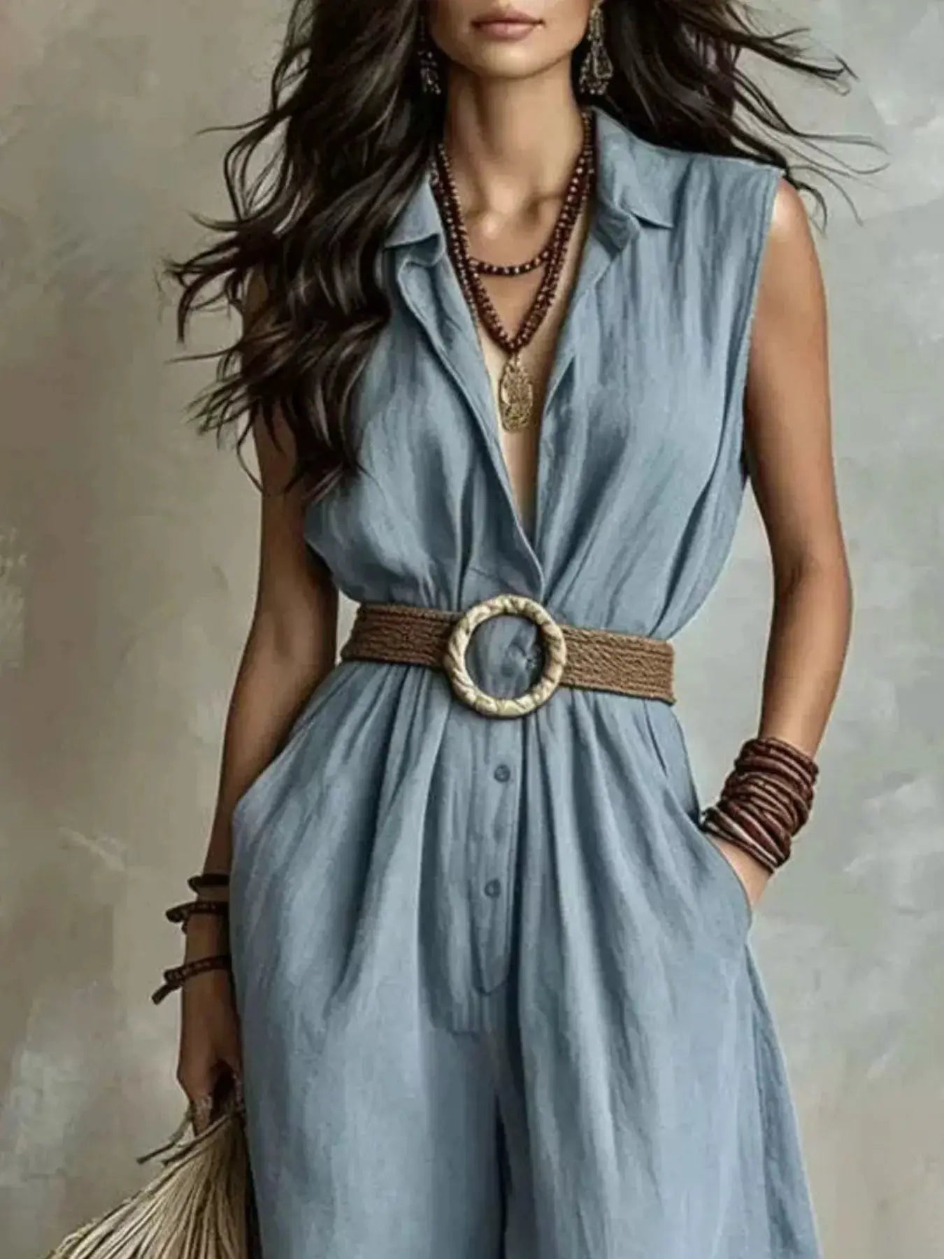 Plus Size Sleeveless Wide-Leg Jumpsuit with Pockets in light blue, braided belt with round buckle