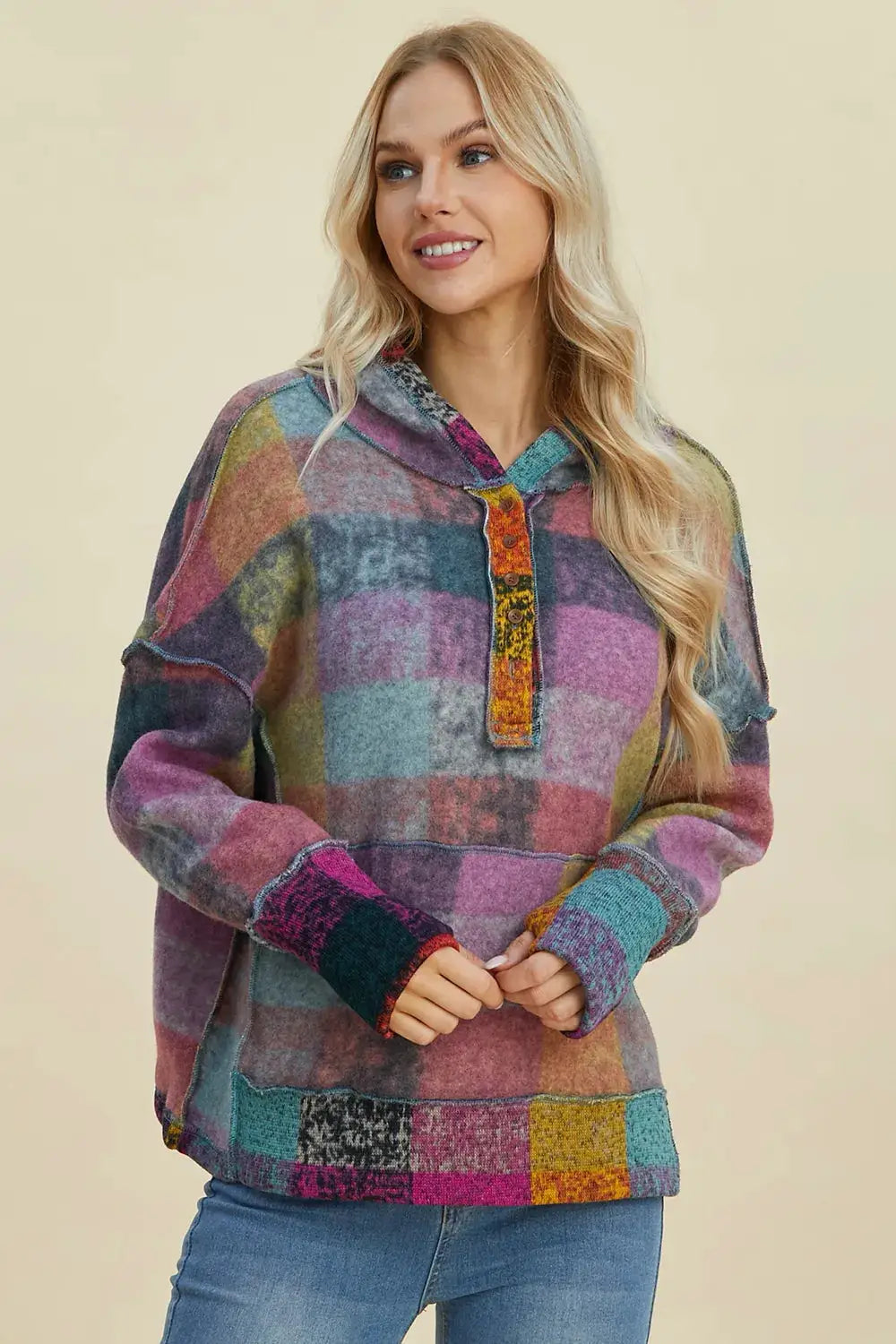Double Take Full Size plaid fleece hoodie, multicolor patchwork with dropped shoulders and buttoned front placket