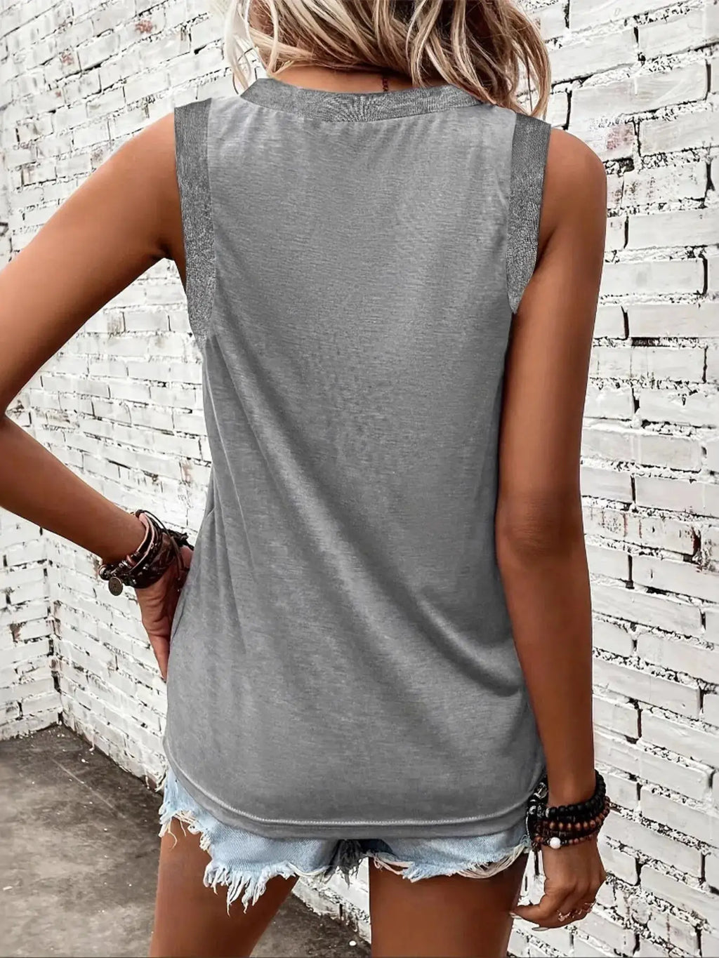 V-Neck Tank, heather gray sleeveless top with basic style, back view paired with distressed denim shorts