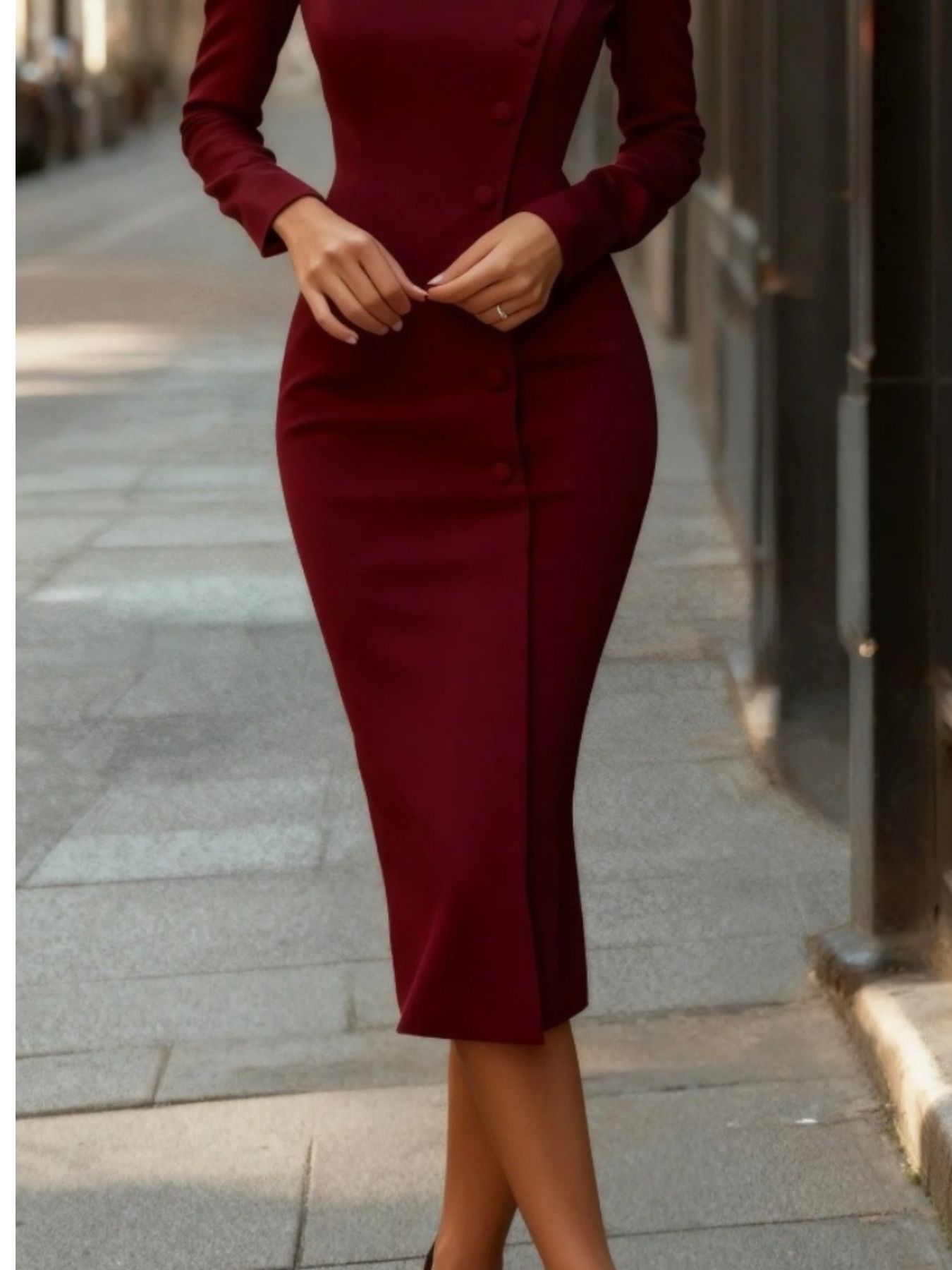 Button Front Long Sleeve Midi Dress in burgundy with front buttons