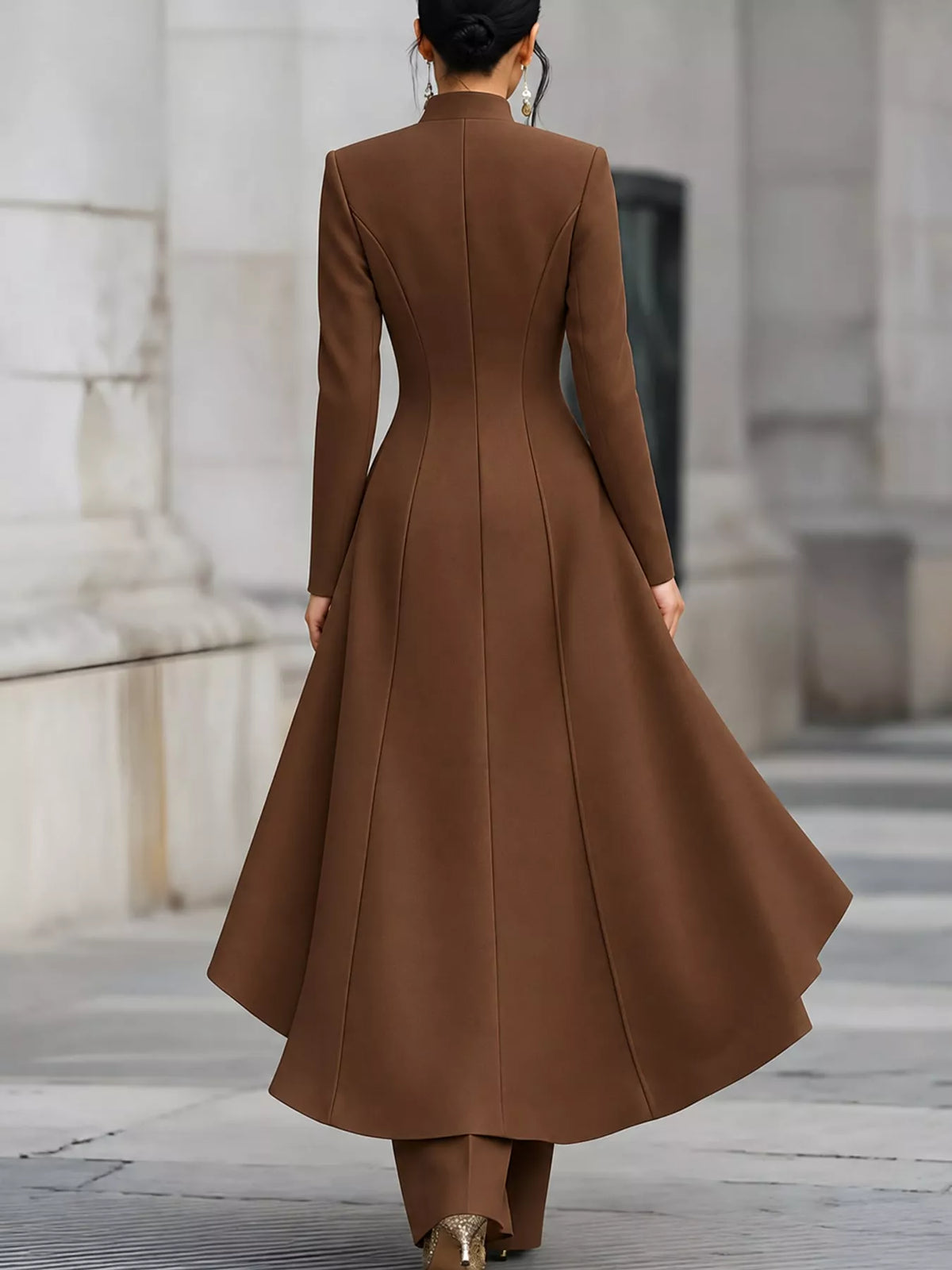 Ruffled High-Low Button Tunic & Wide-Leg Pants Set in Dark Brown by Belle Bijouix – view 50 of 82