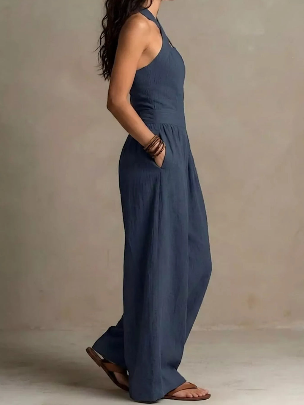 Crisscross Halter Linen Wide-Leg Jumpsuit by Belle Bijouix – view 9 of 45