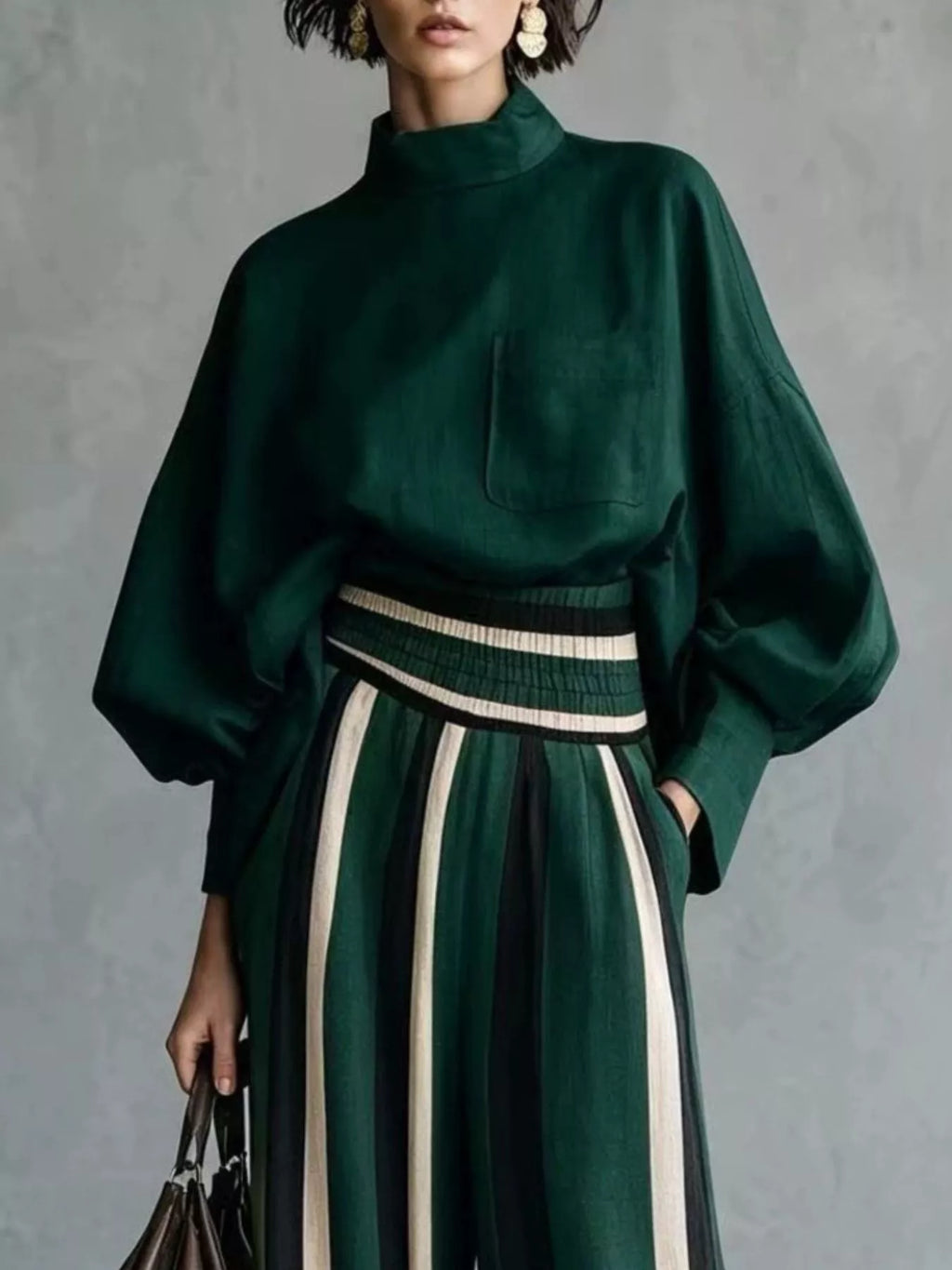 Mock Neck Blouse & Striped Wide-Leg Pants Set in Dark Green by Belle Bijouix – view 4 of 12