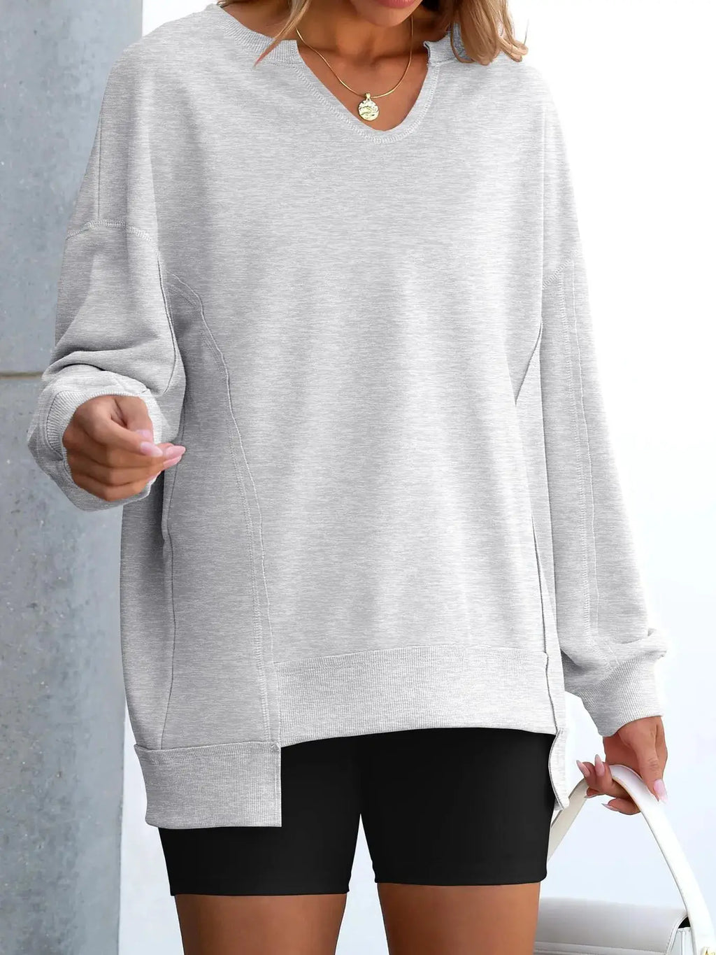 Notched Long Sleeve Oversized Sweatshirt in light gray, casual top