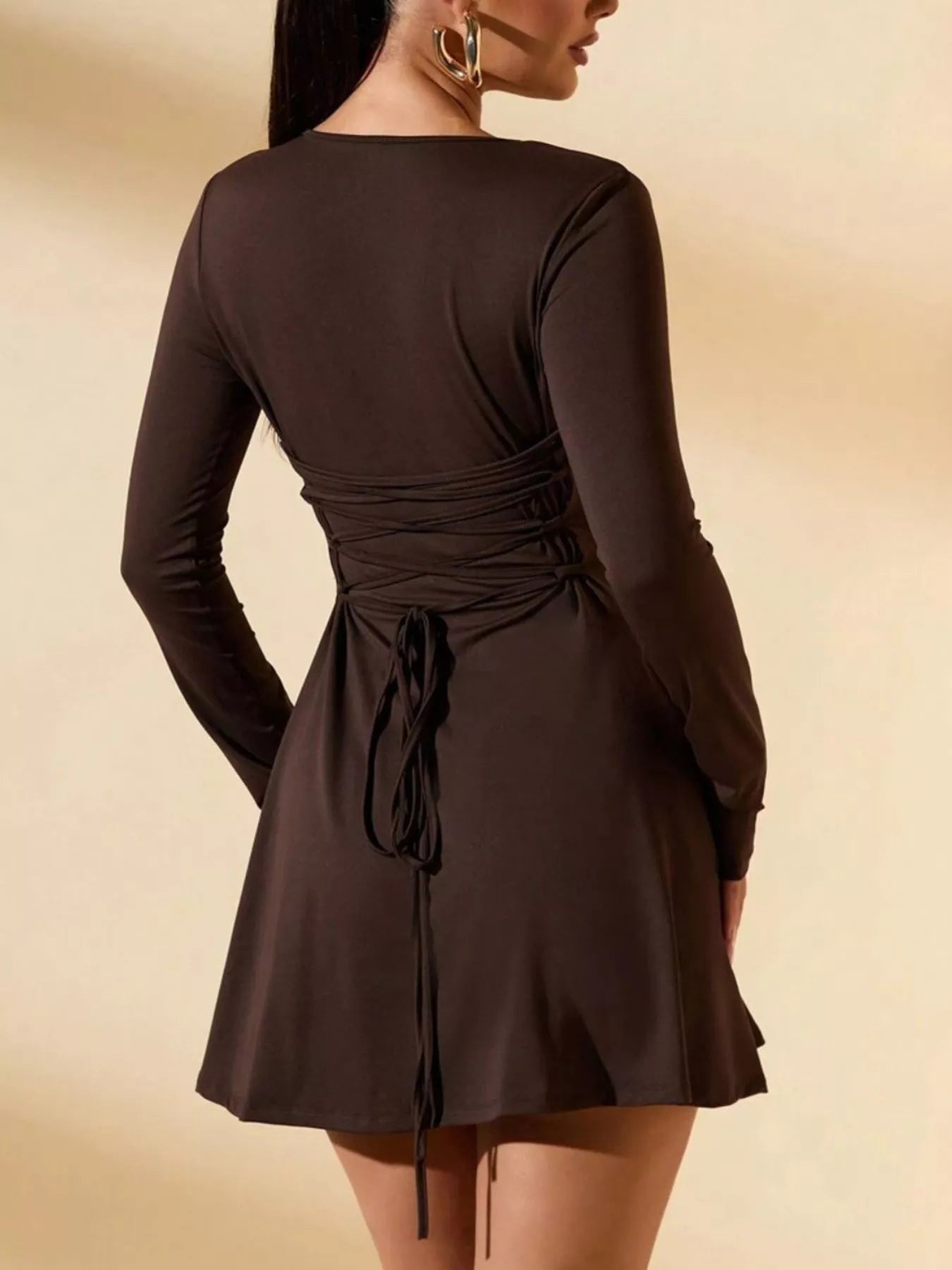 Round Neck Long Sleeve Mini Dress by Belle Bijouix in chocolate brown with wrap waist ties.