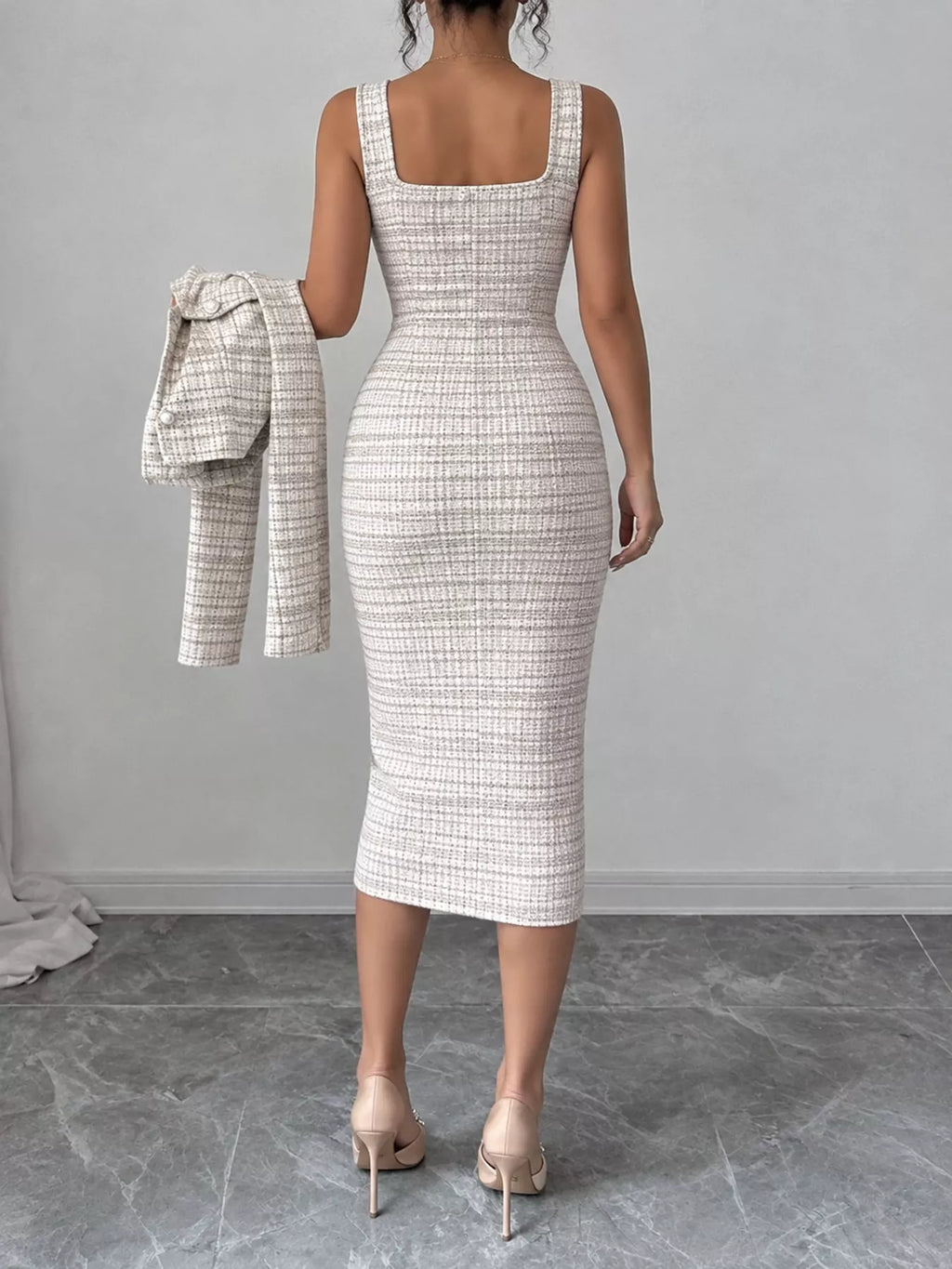 Tweed Square Neck Dress and Cardigan Set by Belle Bijouix – view 13 of 14