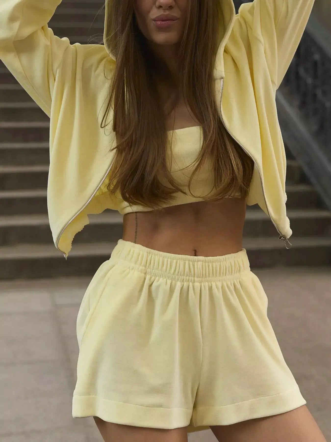 Zip-Up Cropped Hoodie & Shorts Set in pale yellow, two-piece Belle Bijouix active wear