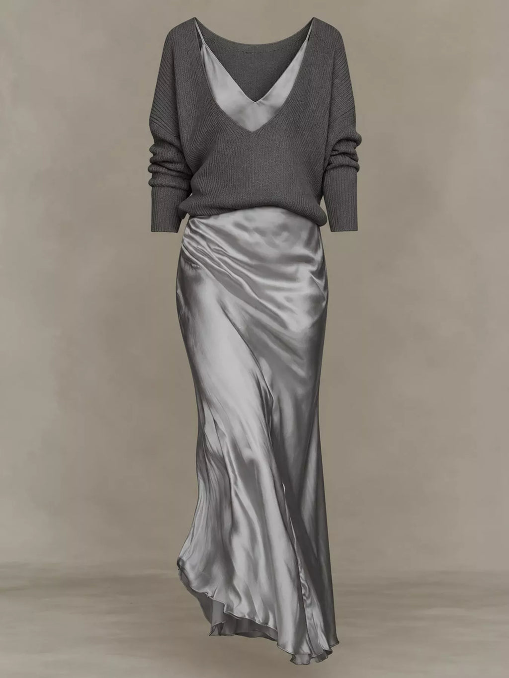 V-Neck Sweater & Satin Slip Maxi Dress Set in Gray by Belle Bijouix – view 28 of 41