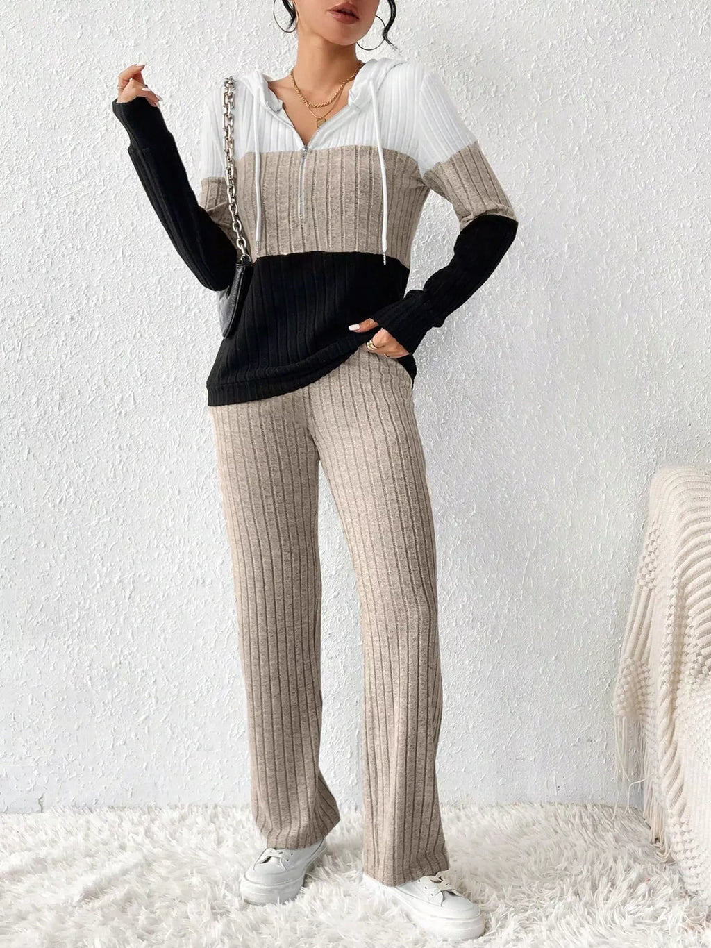 Color Block Half Zip Hooded Top and Pants Set by Belle Bijouix, beige/white/black knit loungewear